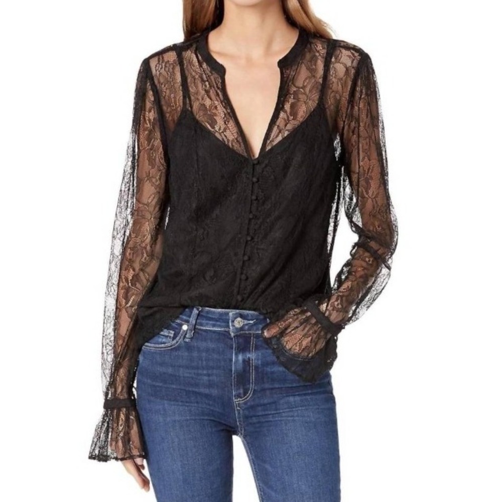Paige Saldana Blouse Top Women XS Black Floral Romantic Dark Academia Coquette